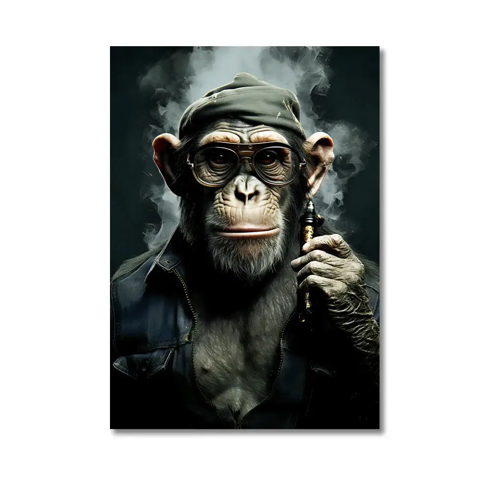 Decorbites™ nordic gorilla wall art canvas print featuring a dark stylized chimpanzee with glasses smoking an e-cigarette