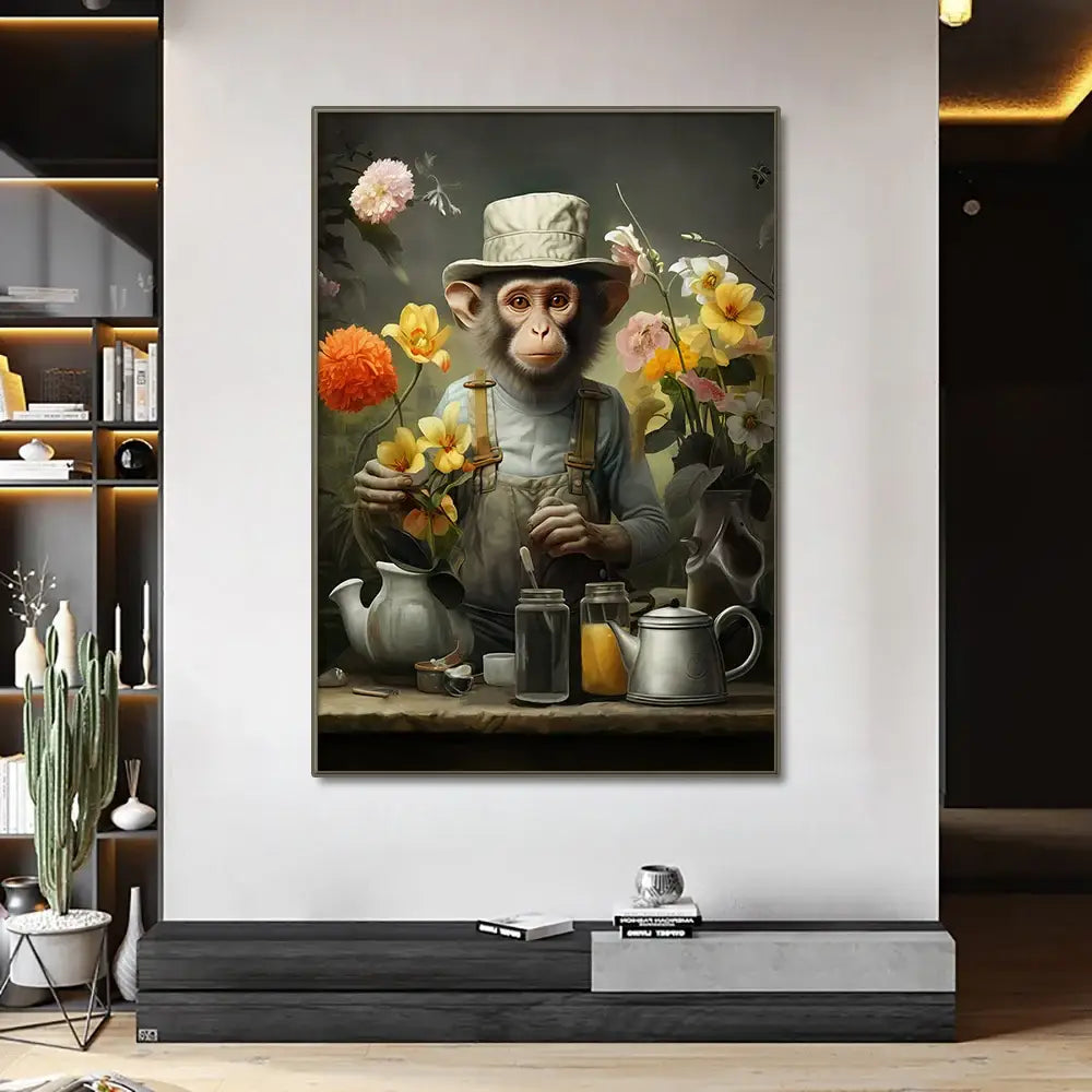 A DecorBites Nordic Gorilla wall art canvas print featuring a monkey in white hat and overalls with vibrant flowers and vintage tea set