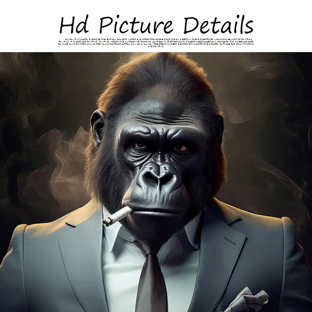 Decorbites™ nordic gorilla wall art canvas print featuring a sophisticated gorilla in a tailored gray suit and dark tie