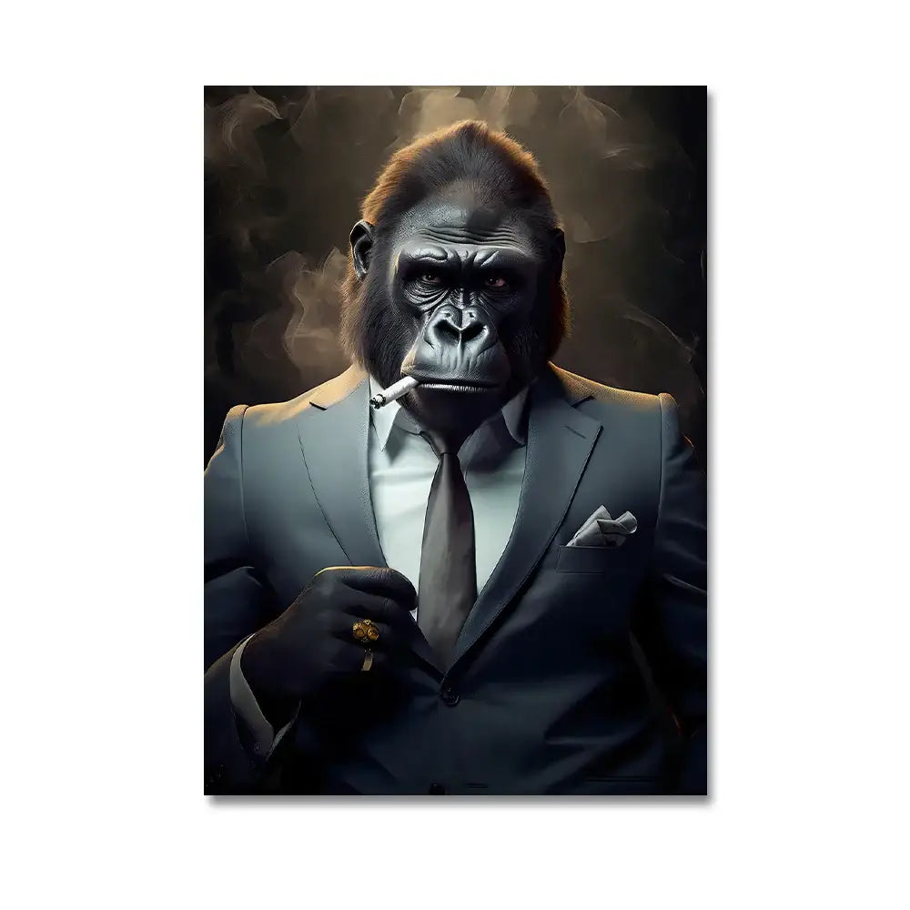 DecorBites™ nordic gorilla wall art canvas print featuring a sophisticated charcoal-gray suit with white shirt and tie
