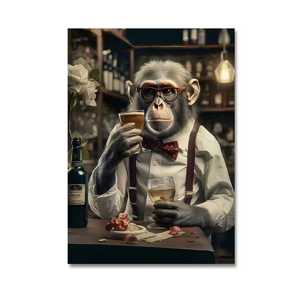 Decorbites™ nordic gorilla wall art canvas print featuring a sophisticated chimpanzee in white shirt and red suspenders
