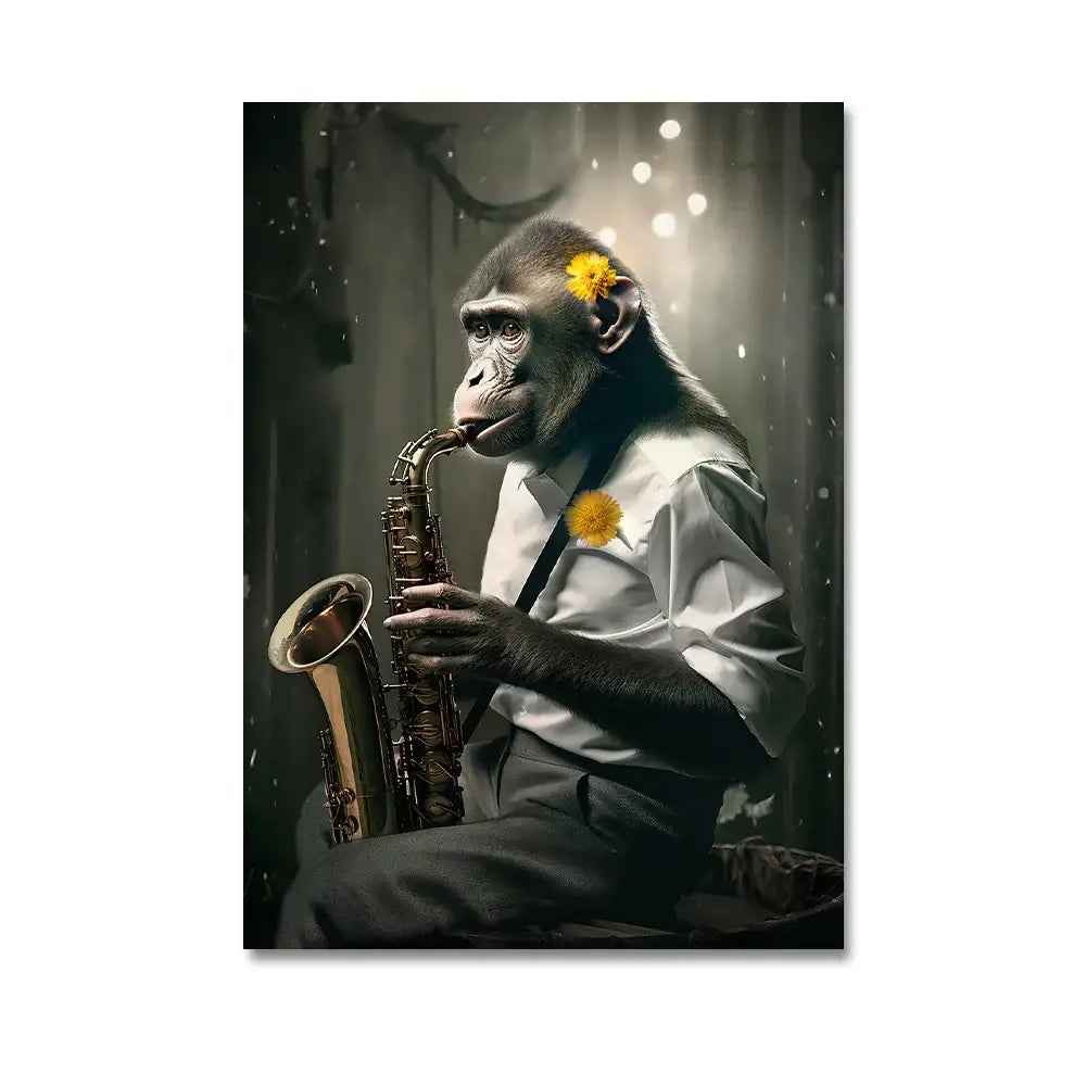 Decorbites™ nordic gorilla wall art canvas print featuring a black-and-white chimpanzee in formal attire playing a golden saxophone with yellow flowers