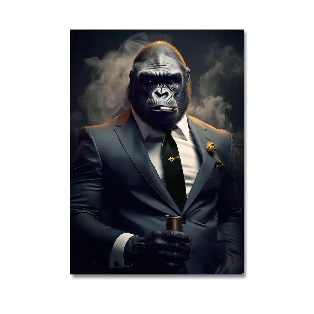 Decorbites™ nordic gorilla wall art canvas print featuring a sophisticated dark gray suit with white shirt and gold lapel pins