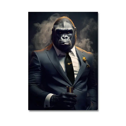 Decorbites™ nordic gorilla wall art canvas print featuring a sophisticated dark gray suit with white shirt and gold lapel pins