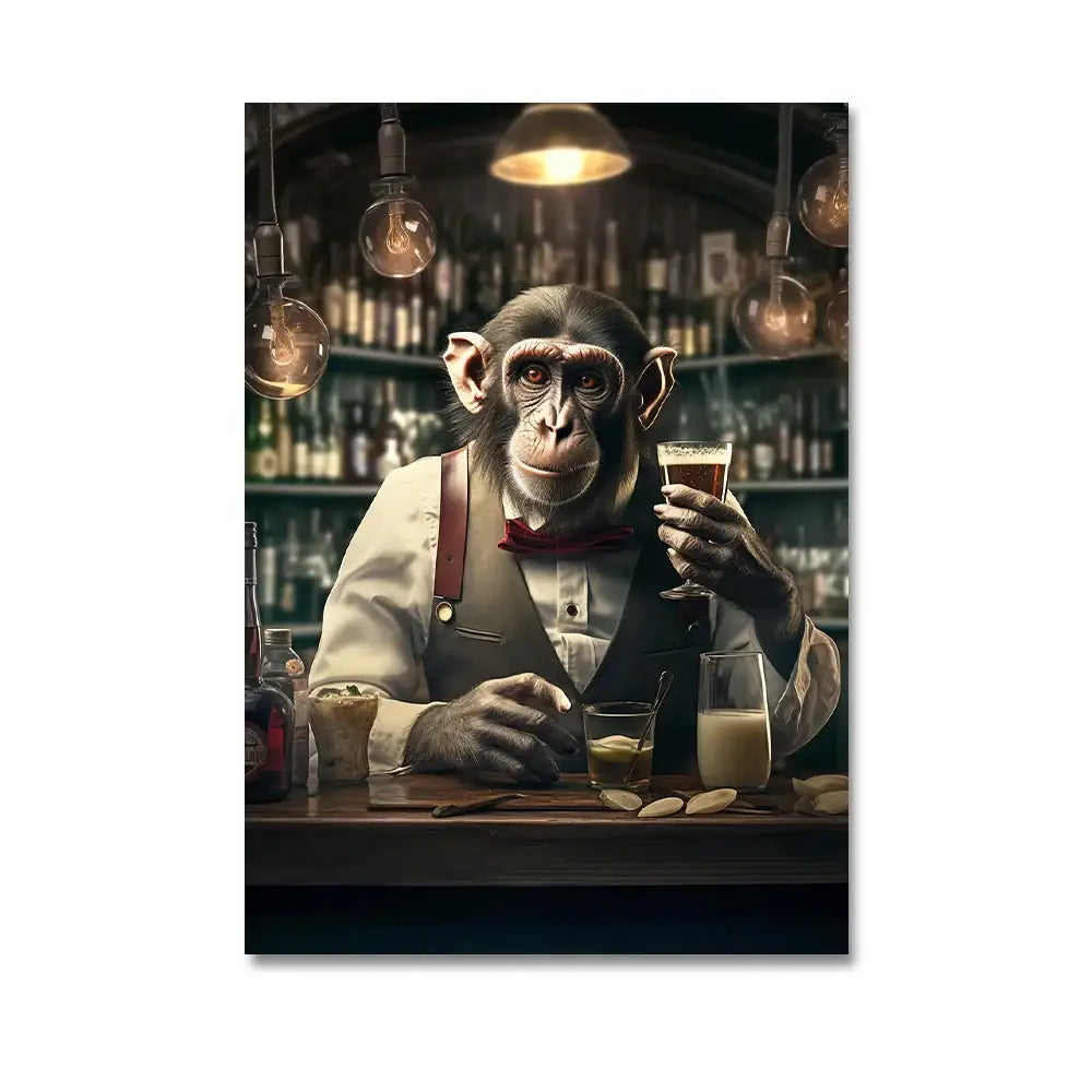 DecorBites™ nordic gorilla wall art canvas print of a sophisticated monkey bartender in cream vest and red bow tie