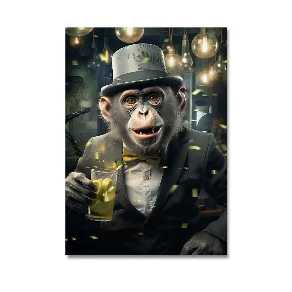 A sophisticated monkey portrait in a black suit and top hat holding a glass with confetti on a decorbites wall art canvas