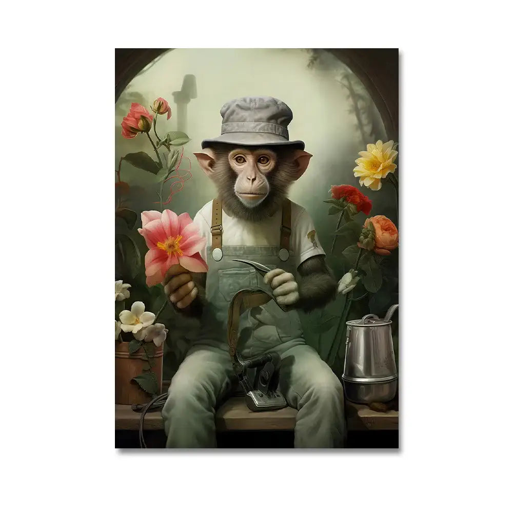 Decorbites™ nordic gorilla wall art canvas print of a monkey in green overalls holding pink flowers in garden scene wall art canvas