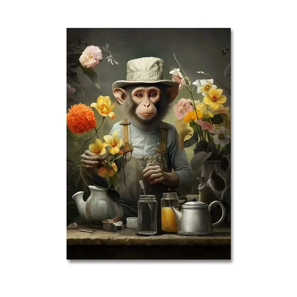 Decorbites™ nordic gorilla wall art canvas print featuring a whimsical monkey in overalls with vibrant flowers and vintage teapots