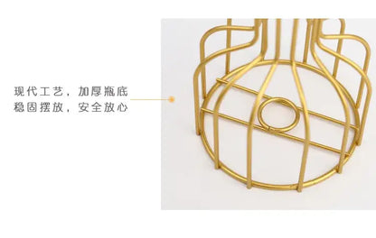 Gold-colored iron golden hydroponic metal wire bottle cage with sturdy thickened base for secure placement decorbites