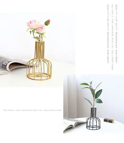 DecorBites™ nordic iron golden hydroponic vase with gold wireframe holding pink roses and dried flowers
