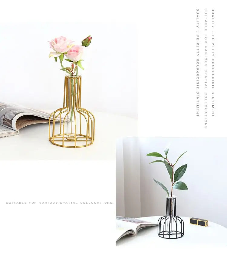 DecorBites™ nordic iron golden hydroponic vase with gold wireframe holding pink roses and dried flowers