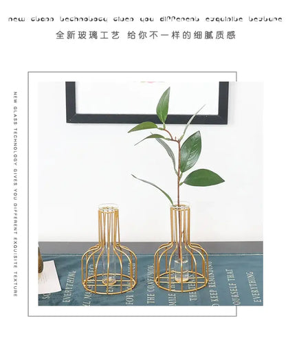 Gold wireframe iron golden hydroponic vase with slender green plant, nordic style decorbites™ design
