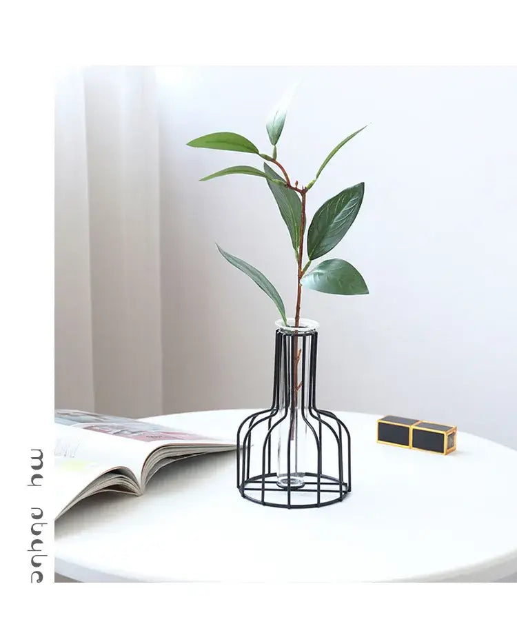 Black wireframe cage decorBites™ nordic iron golden hydroponic vase holding a single green leafy stem