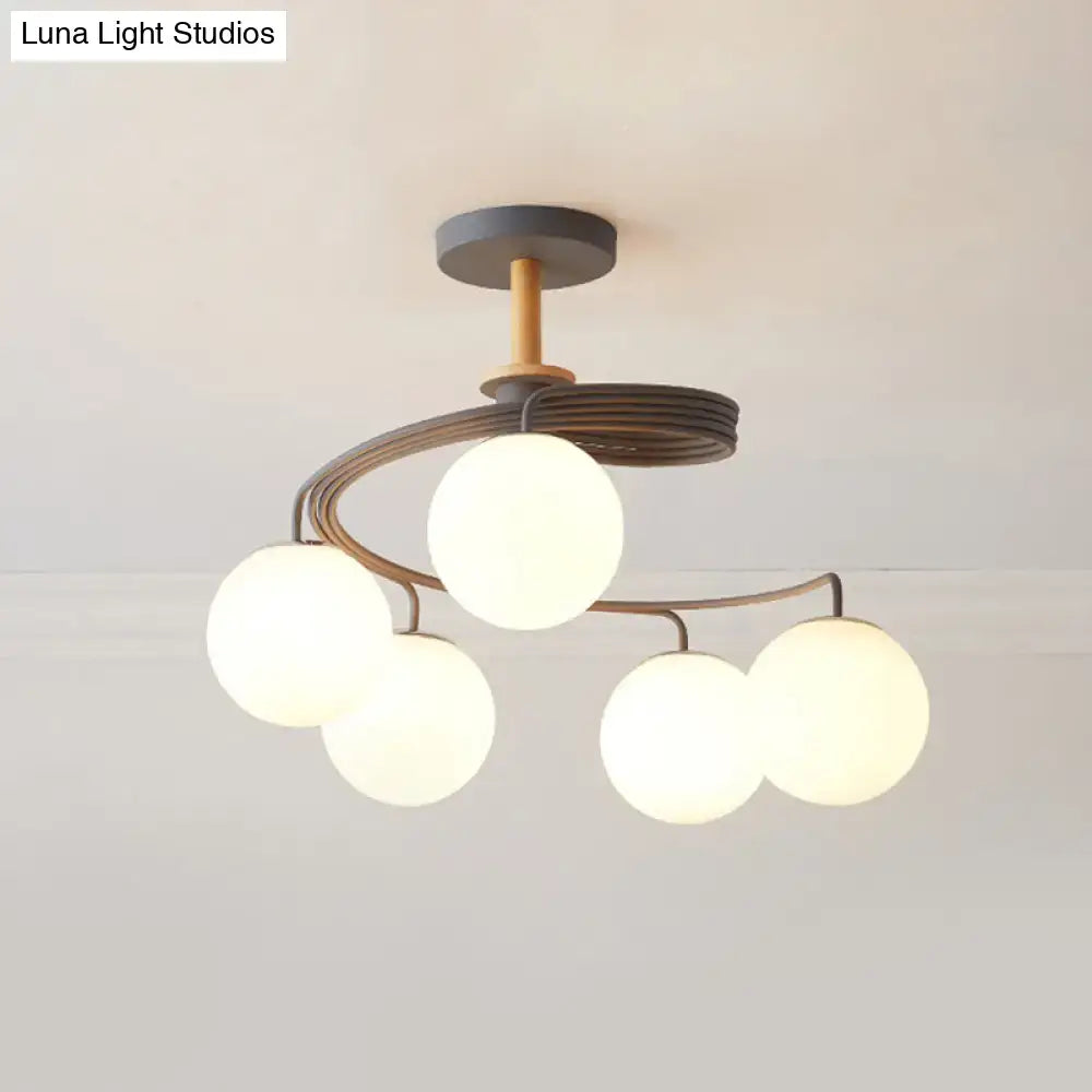 Modern grey green nordic iron swirl flush chandelier with five orb glass shade bulbs and wood downrod