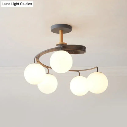 Modern ceiling light decorbites nordic iron swirl with five frosted orb glass shades and wood downrod in grey green