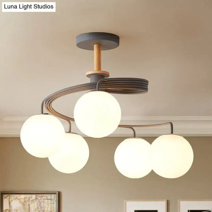 Decorbites nordic iron swirl flush chandelier with five bulbs features grey green metal frame wood downrod and orb glass shade