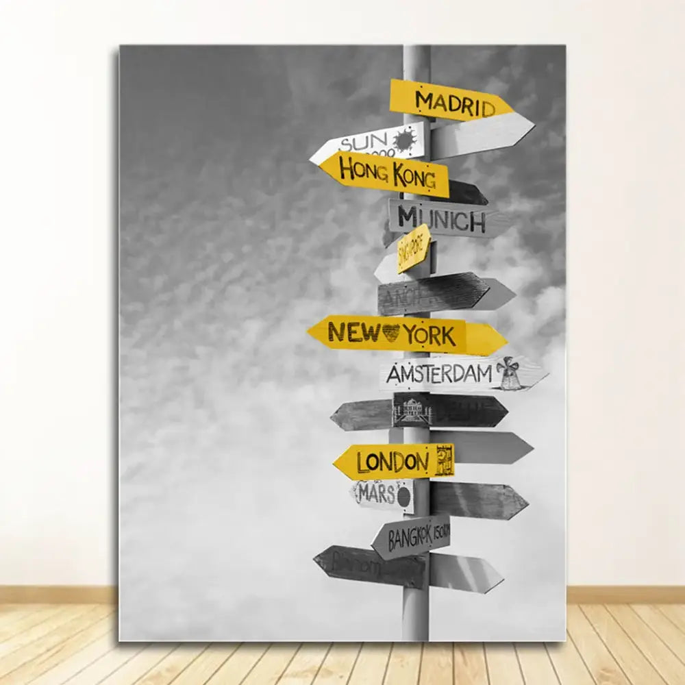 Decorbites™ nordic landscape canvas print set featuring a black-and-white tall wooden signpost with directional arrows