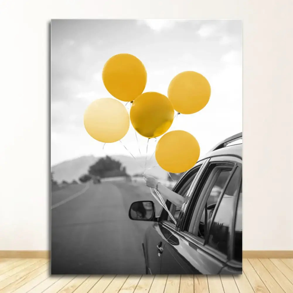 Decorbites™ nordic landscape canvas print set featuring black and white car photo with vibrant yellow balloons on road