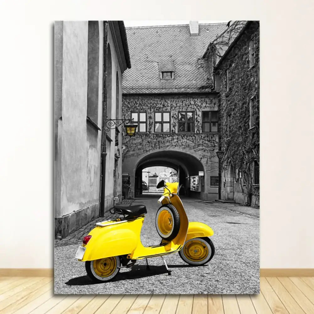 Decorbites™ nordic landscape canvas print set featuring bright yellow vespa scooter under stone archway