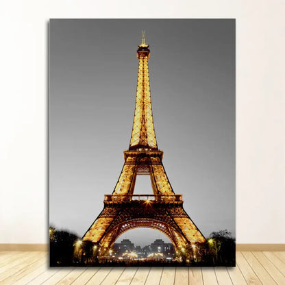 Golden-lit eiffel tower nordic landscape canvas print on gray background from decorbites™ yellow scenery set