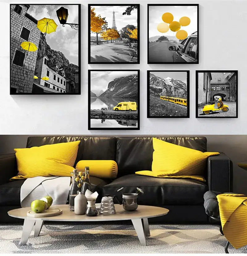 Set of six black-framed nordic landscape canvas prints with selective yellow accents in monochrome scenes decorbites™