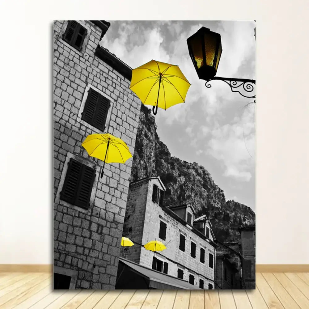 Decorbites™ nordic landscape canvas print set features vibrant yellow umbrellas against a monochrome stone backdrop