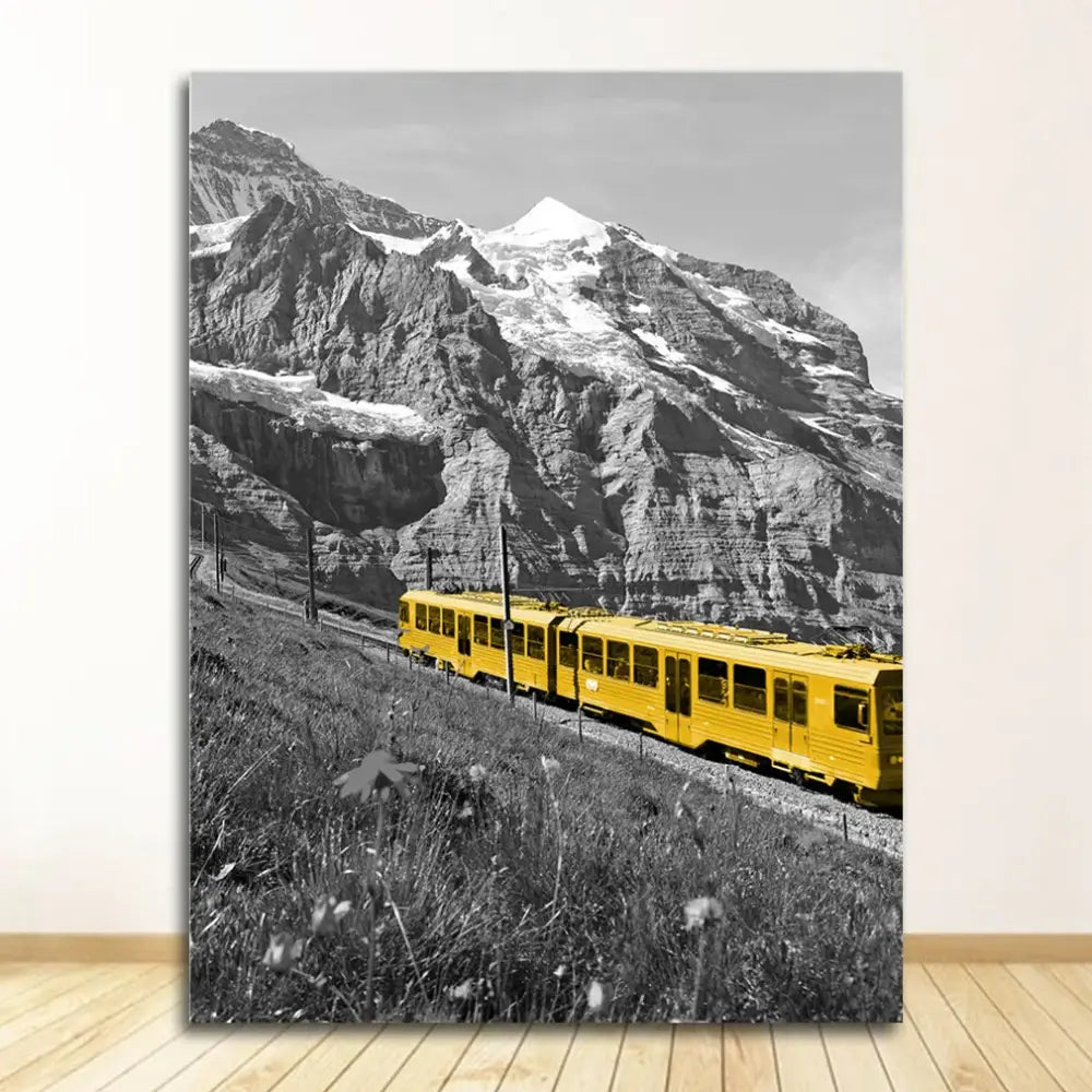 Decorbites™ nordic landscape canvas print set featuring a vibrant yellow train in a rugged snow-capped nordic landscape