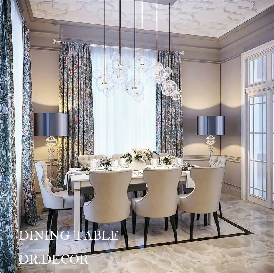 Beige upholstered dining table with sleek black legs and polished white surface under decorbites nordic led bubble chandelier