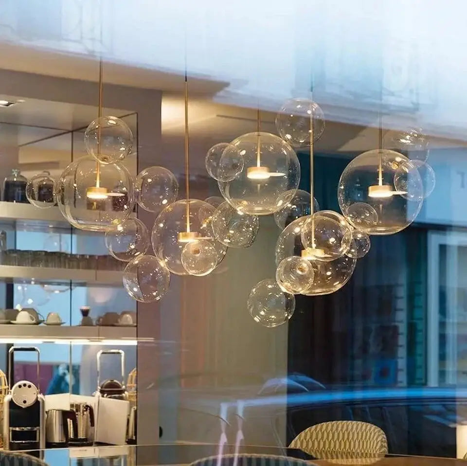 Decorbites™ nordic led bubble chandelier with clear glass bubble pendant lights and warm golden fixtures for home lighting
