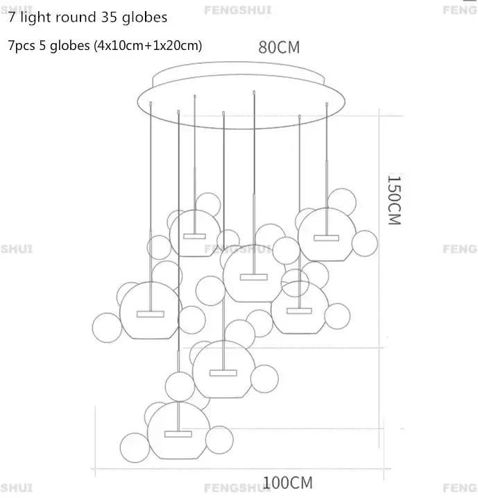 Modern hanging DecorBites™ nordic led bubble chandelier with seven round transparent glass globes and metallic frame