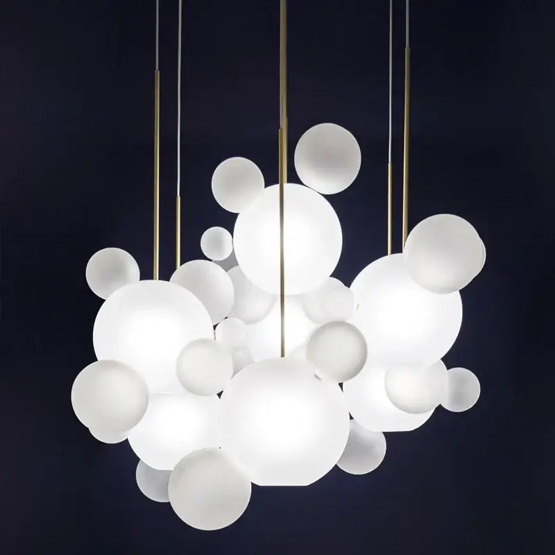 Decorbites nordic led bubble chandelier with white spherical bubbles and gold toned rods for modern home lighting