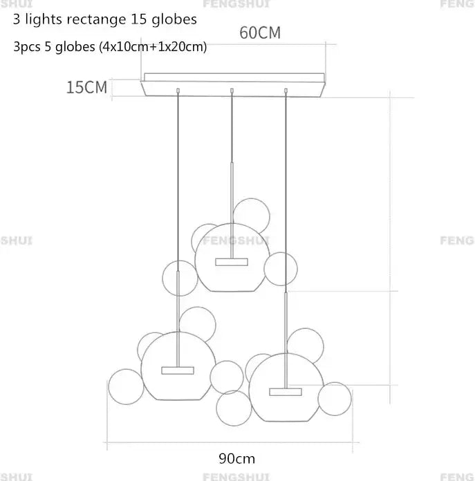 Modern minimalist decor led pendant light with spherical globes and rectangular mount for living room and dining room use