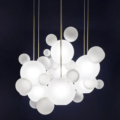 DecorBites™ nordic LED bubble chandelier with white spherical design and gold-toned rods for living room lighting