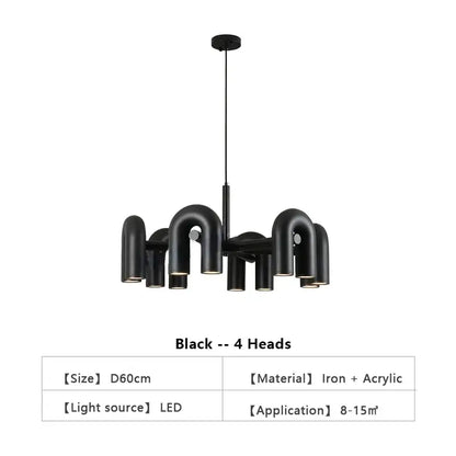 Black modern DecorBites™ Nordic led ceiling chandelier with four curved iron and acrylic pipe-like arms for home decor