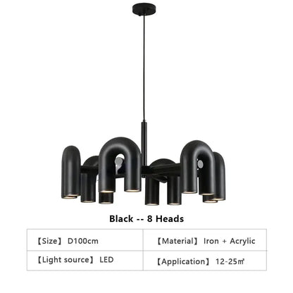 DecorBites™ nordic black led ceiling chandelier with eight curved iron and acrylic pipe-like light heads for home decor