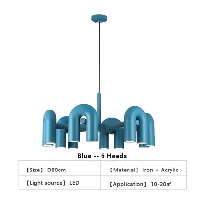 Blue DecorBites Nordic led ceiling chandelier with six curved iron and acrylic arms for modern home decor