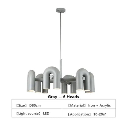 DecorBites™ nordic gray led ceiling chandelier with six curved iron and acrylic light heads for modern home decor