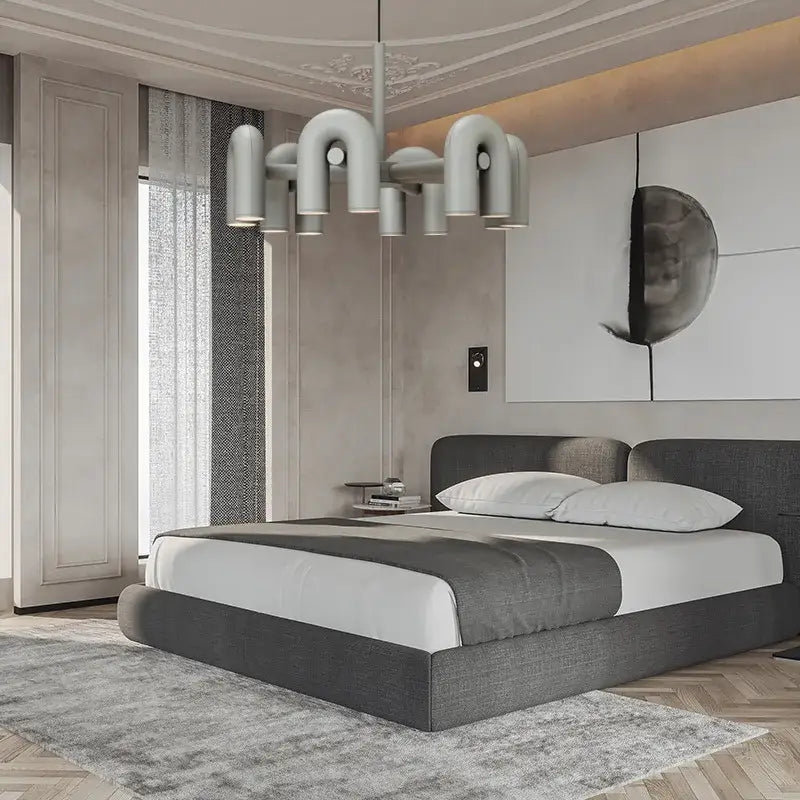 DecorBites™ nordic led ceiling chandelier with modern gray tubular arms and sleek metallic finish for home decor