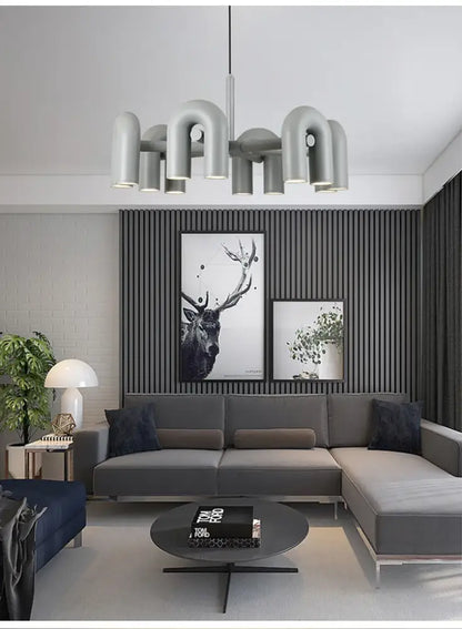 Modern gray pipe-style pendant led ceiling chandelier by decorbites for stylish home lighting decor