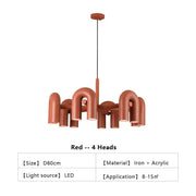 DecorBites nordic led ceiling chandelier in red with four curved iron and acrylic u-shaped light heads for home decor