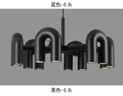 Black matte DecorBites™ Nordic led ceiling chandelier with six curved pipe-like arms and circular light fixtures for modern homes
