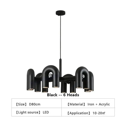 Black DecorBites™ Nordic led ceiling chandelier with six curved iron and acrylic arms for modern home lighting