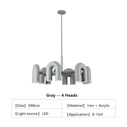 Gray modern DecorBites™ Nordic LED ceiling chandelier with four curved iron and acrylic u-shaped lamp heads