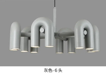 Gray metallic DecorBites™ Nordic led ceiling chandelier with six curved pipe arms and cylindrical light fixtures for modern home