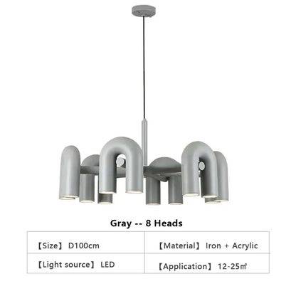 Gray DecorBites™ Nordic LED ceiling chandelier with eight curved u-shaped iron and acrylic light heads for modern home