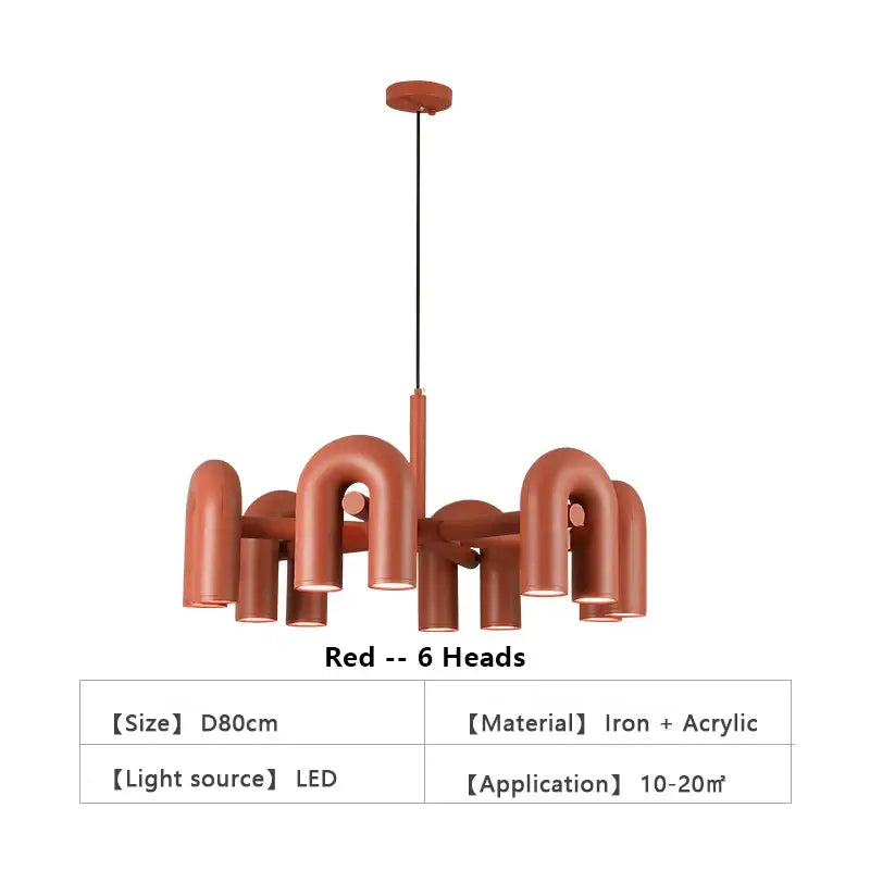 Decorbites™ nordic led ceiling chandelier in red iron and acrylic with six curved pipe-like arms for modern homes