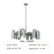 Gray modern iron and acrylic nordic u shape chandelier with six curved light heads for living room home decor