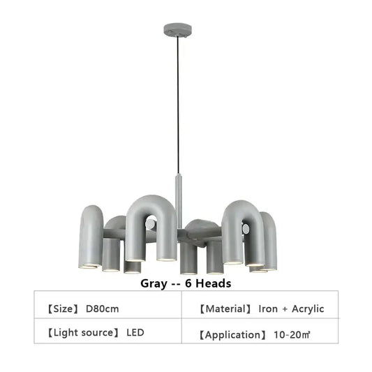 Gray modern iron and acrylic nordic u shape chandelier with six curved light heads for living room home decor