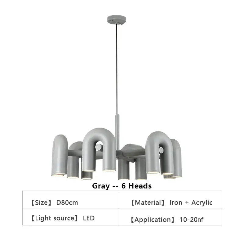 Gray modern iron and acrylic nordic u shape chandelier with six curved light heads for living room home decor