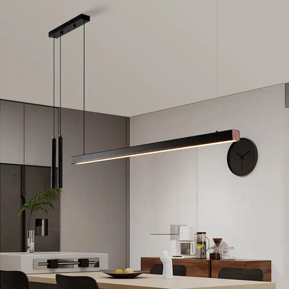 Black rectangular nordic led chandelier with minimalist design and subtle wood accent for home lighting by DecorBites